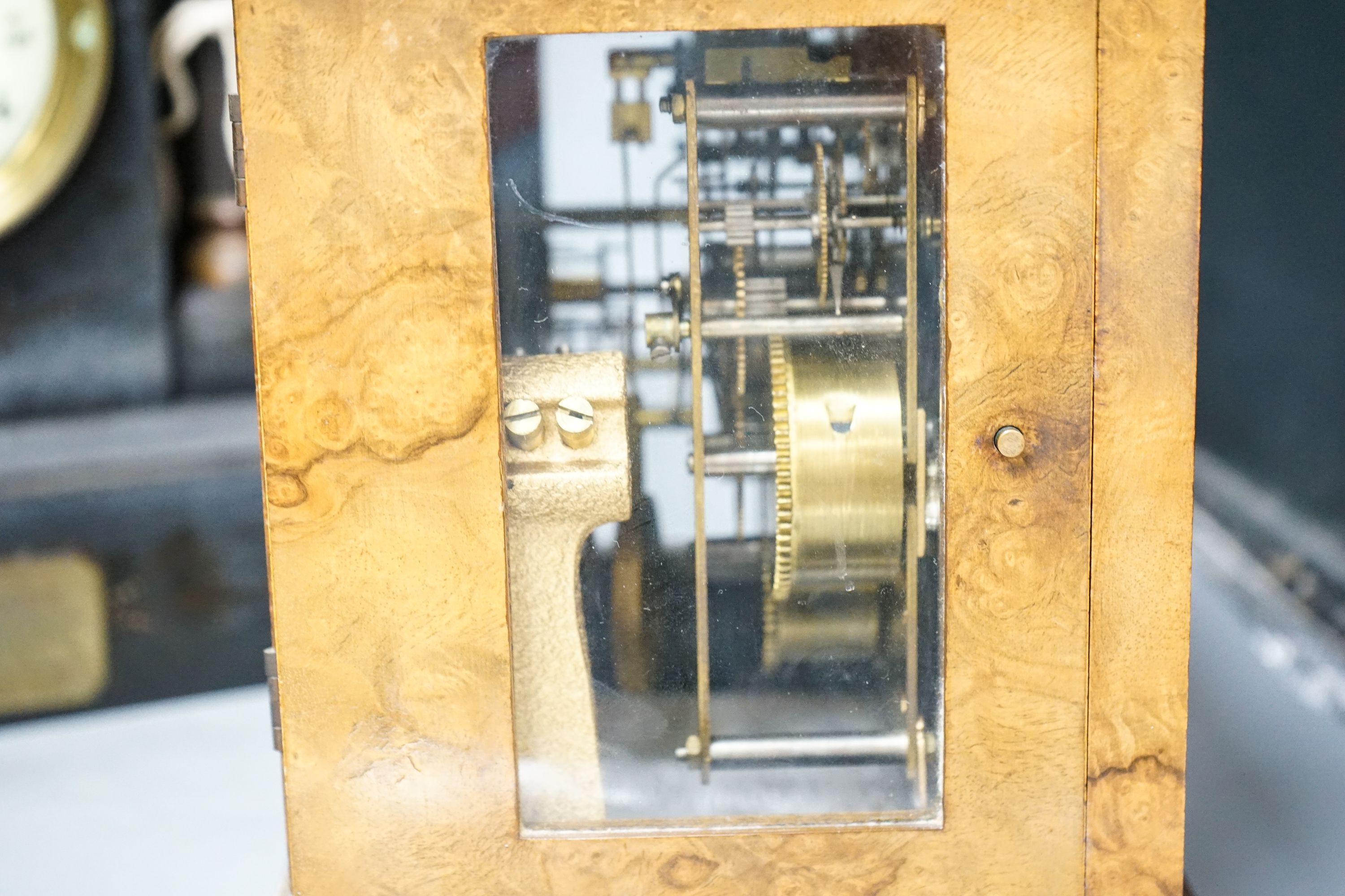 A walnut cased chiming bracket clock together with a slate mantle clock 37cm